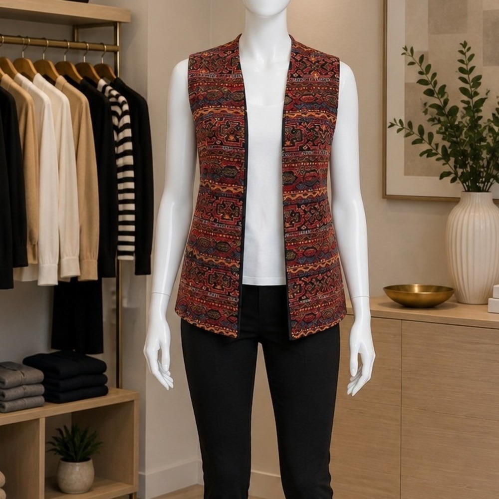 Unbranded Women Vest Tapestry Geometric Woven Open Front Boho Red Medium